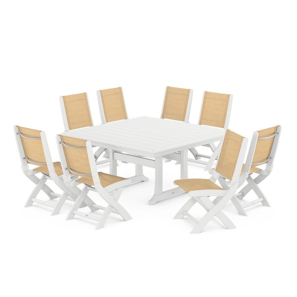 POLYWOOD® Outdoor Furniture White / Dupioni Apricot Sling POLYWOOD® - Coastal Folding Side Chair 9-Piece Dining Set with Trestle Legs - PWS1113