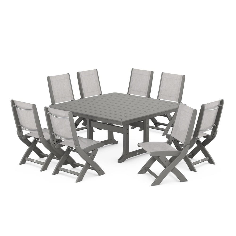 POLYWOOD® Outdoor Furniture Slate Grey / Parchment Sling POLYWOOD® - Coastal Folding Side Chair 9-Piece Dining Set with Trestle Legs - PWS1113