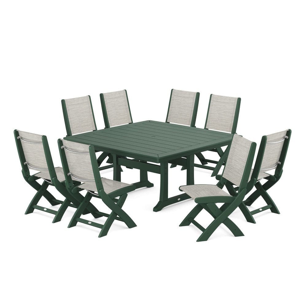 POLYWOOD® Outdoor Furniture Green / Birch Sling POLYWOOD® - Coastal Folding Side Chair 9-Piece Dining Set with Trestle Legs - PWS1113