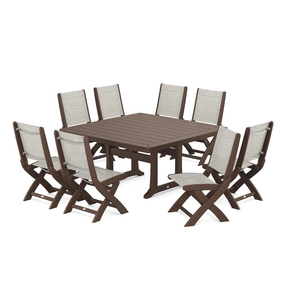 POLYWOOD® Outdoor Furniture Mahogany / Birch Sling POLYWOOD® - Coastal Folding Side Chair 9-Piece Dining Set with Trestle Legs - PWS1113