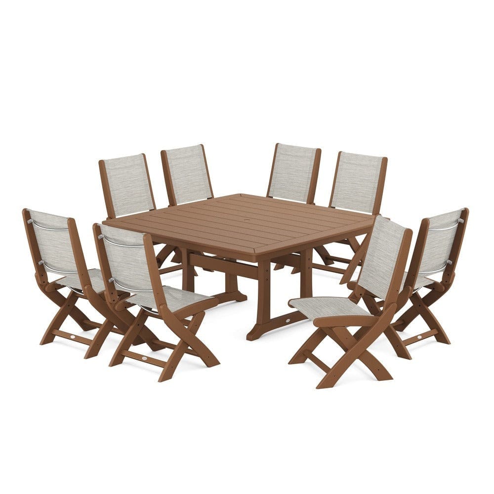 POLYWOOD® Outdoor Furniture Teak / Birch Sling POLYWOOD® - Coastal Folding Side Chair 9-Piece Dining Set with Trestle Legs - PWS1113