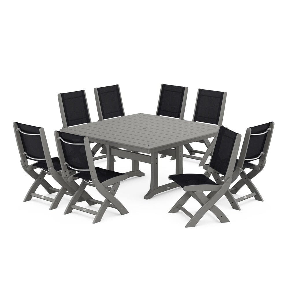 POLYWOOD® Outdoor Furniture Slate Grey / Black Sling POLYWOOD® - Coastal Folding Side Chair 9-Piece Dining Set with Trestle Legs - PWS1113