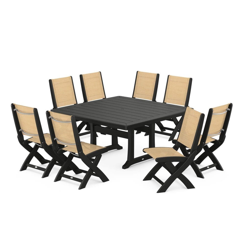 POLYWOOD® Outdoor Furniture Black / Dupioni Apricot Sling POLYWOOD® - Coastal Folding Side Chair 9-Piece Dining Set with Trestle Legs - PWS1113