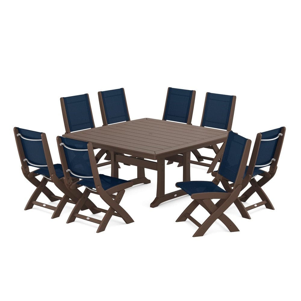 POLYWOOD® Outdoor Furniture Mahogany / Navy Blue Sling POLYWOOD® - Coastal Folding Side Chair 9-Piece Dining Set with Trestle Legs - PWS1113
