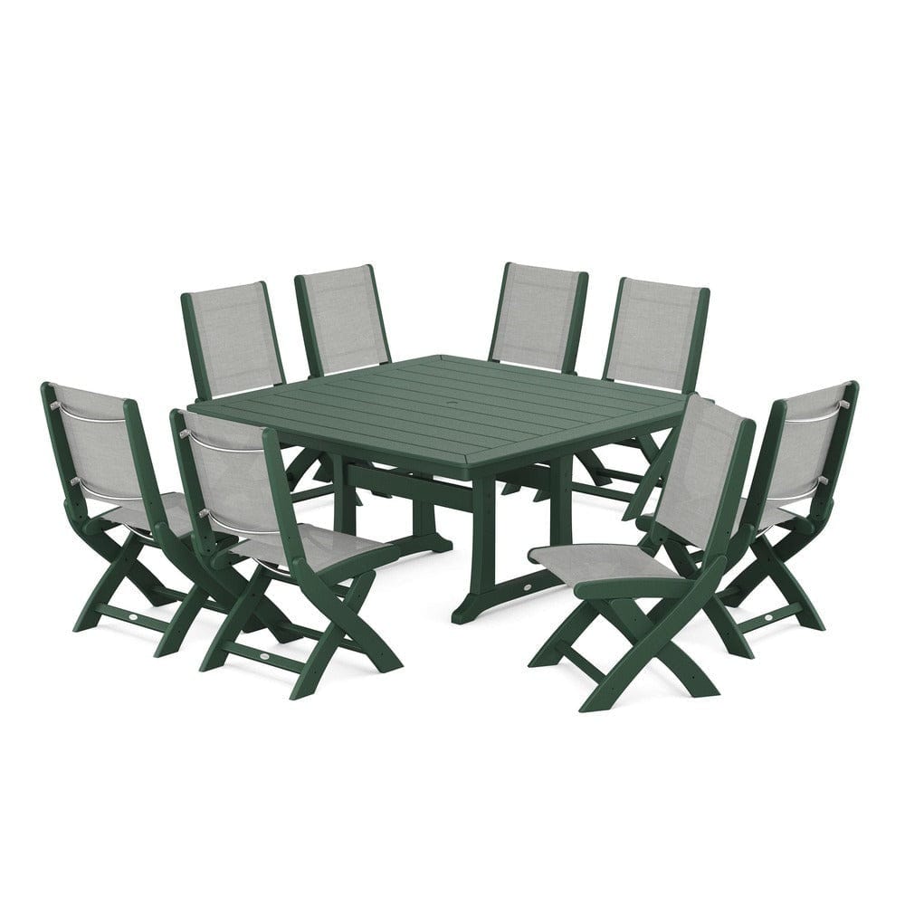 POLYWOOD® Outdoor Furniture Green / Metallic Sling POLYWOOD® - Coastal Folding Side Chair 9-Piece Dining Set with Trestle Legs - PWS1113