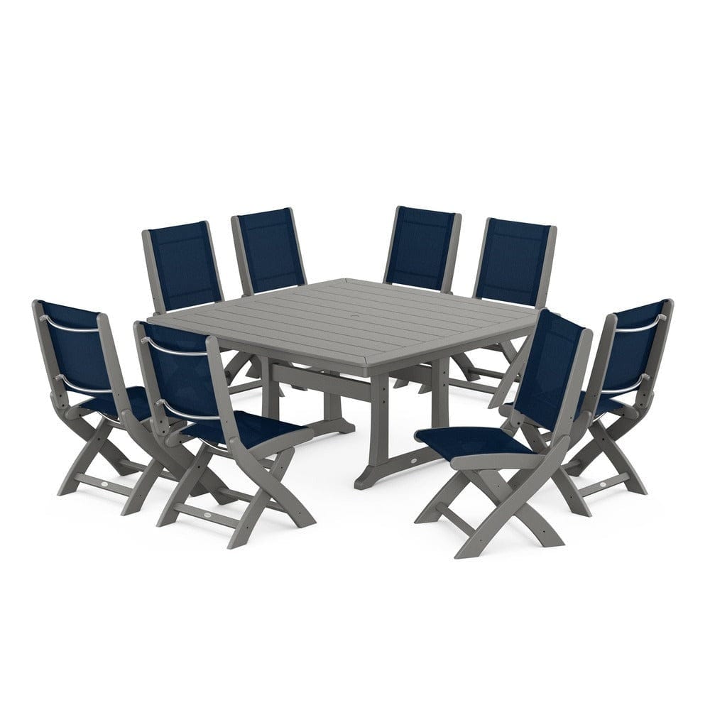 POLYWOOD® Outdoor Furniture Slate Grey / Navy Blue Sling POLYWOOD® - Coastal Folding Side Chair 9-Piece Dining Set with Trestle Legs - PWS1113