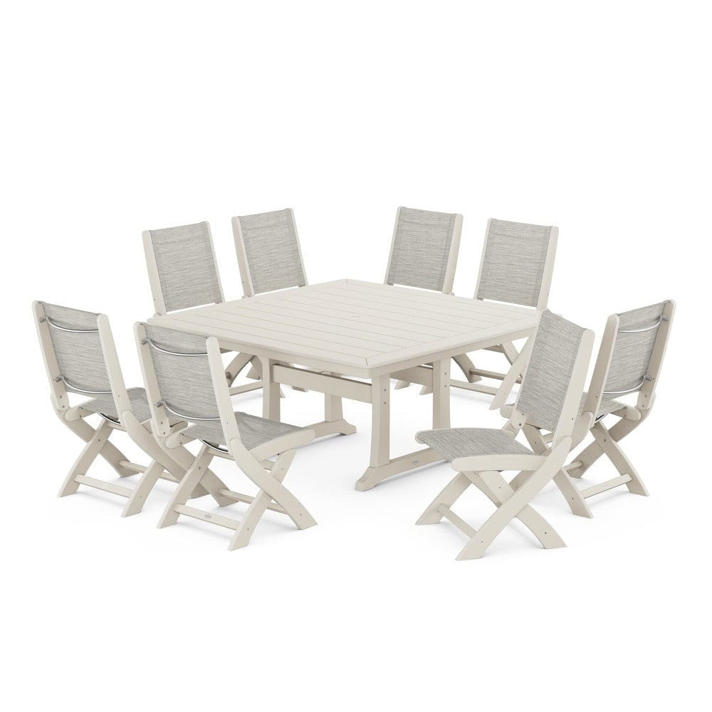 POLYWOOD® Outdoor Furniture Sand / Birch Sling POLYWOOD® - Coastal Folding Side Chair 9-Piece Dining Set with Trestle Legs - PWS1113