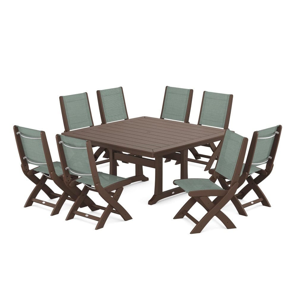 POLYWOOD® Outdoor Furniture Mahogany / Dupioni Sea Mist Sling POLYWOOD® - Coastal Folding Side Chair 9-Piece Dining Set with Trestle Legs - PWS1113