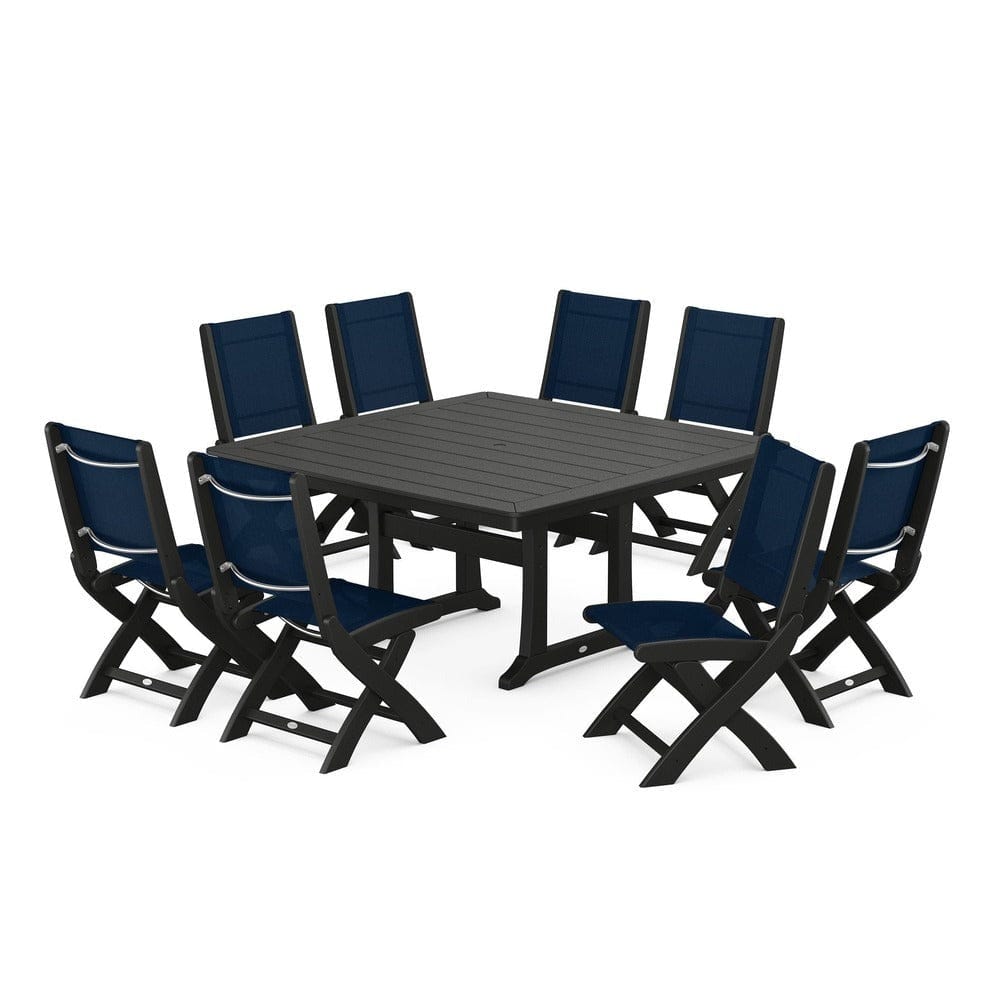 POLYWOOD® Outdoor Furniture Black / Navy Blue Sling POLYWOOD® - Coastal Folding Side Chair 9-Piece Dining Set with Trestle Legs - PWS1113