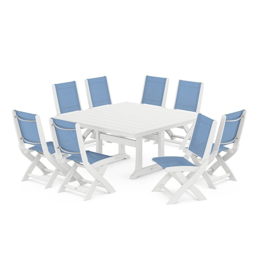 POLYWOOD® Outdoor Furniture White / Poolside Sling POLYWOOD® - Coastal Folding Side Chair 9-Piece Dining Set with Trestle Legs - PWS1113
