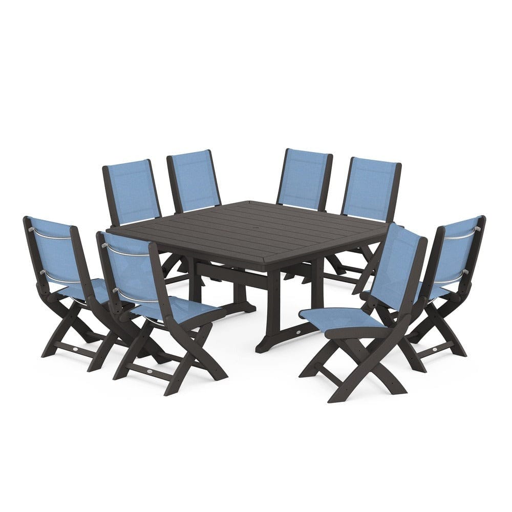 POLYWOOD® Outdoor Furniture Vintage Coffee / Poolside Sling POLYWOOD® - Coastal Folding Side Chair 9-Piece Dining Set with Trestle Legs - PWS1113
