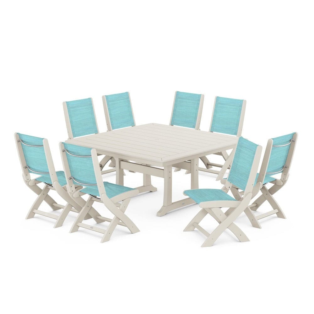 POLYWOOD® Outdoor Furniture Sand / Dupioni Aquamarine Sling POLYWOOD® - Coastal Folding Side Chair 9-Piece Dining Set with Trestle Legs - PWS1113