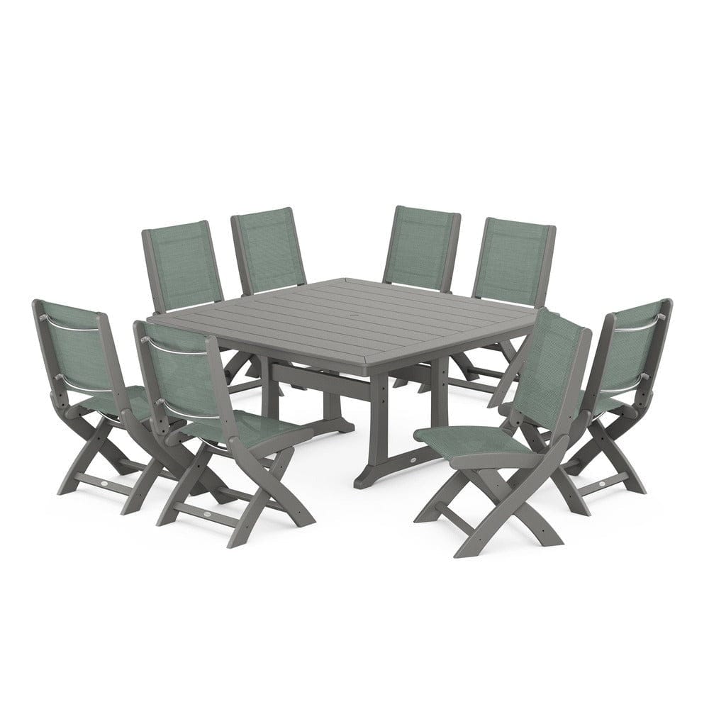 POLYWOOD® Outdoor Furniture Slate Grey / Dupioni Sea Mist Sling POLYWOOD® - Coastal Folding Side Chair 9-Piece Dining Set with Trestle Legs - PWS1113