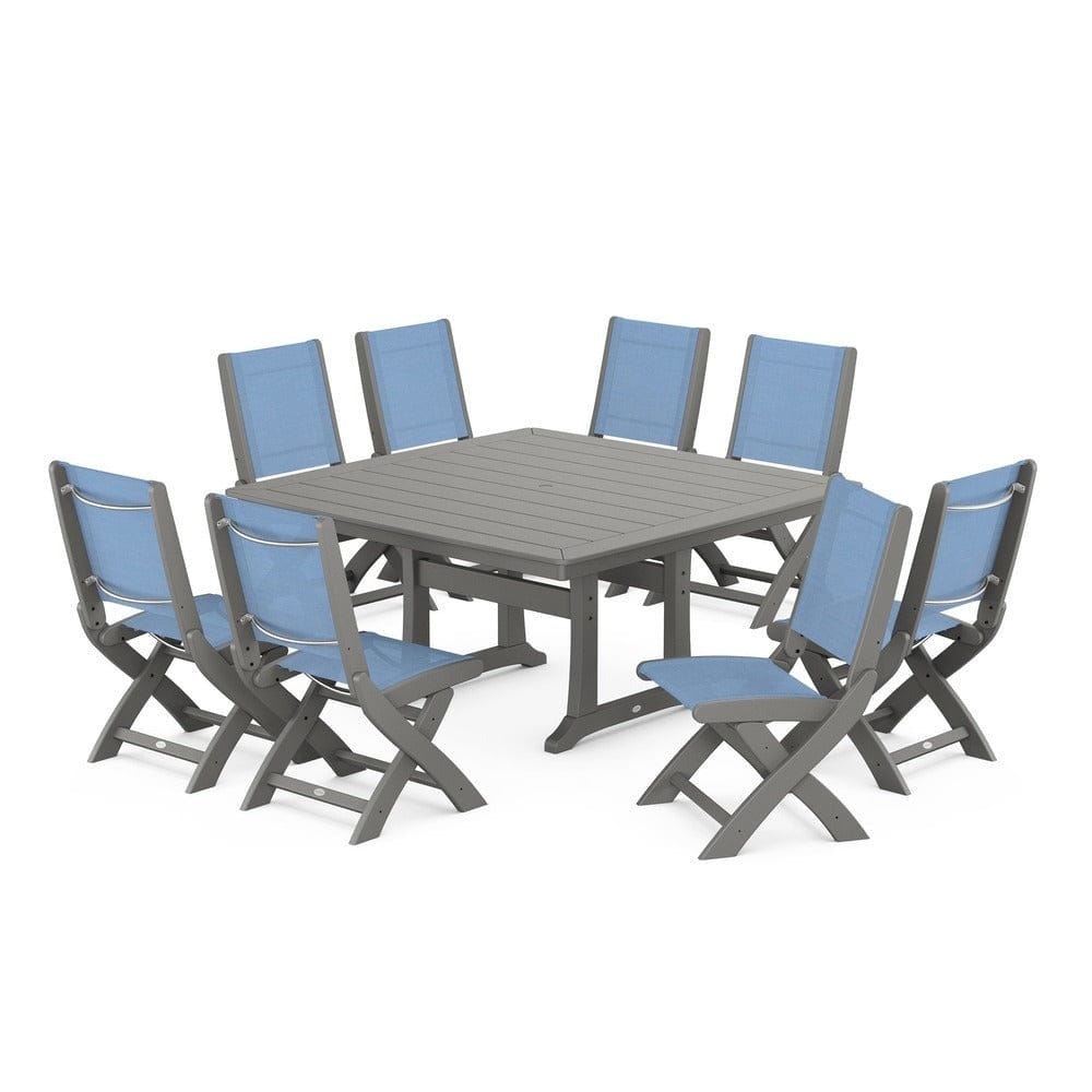 POLYWOOD® Outdoor Furniture Slate Grey / Poolside Sling POLYWOOD® - Coastal Folding Side Chair 9-Piece Dining Set with Trestle Legs - PWS1113