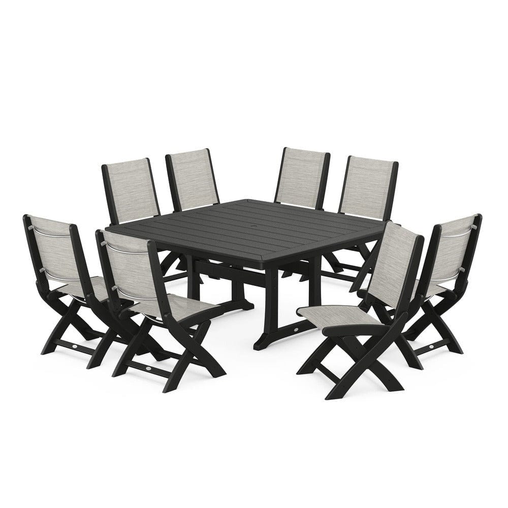 POLYWOOD® Outdoor Furniture Black / Birch Sling POLYWOOD® - Coastal Folding Side Chair 9-Piece Dining Set with Trestle Legs - PWS1113