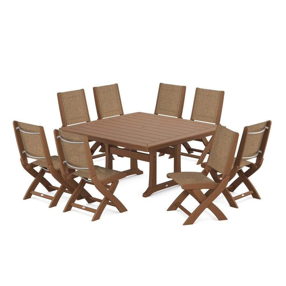 POLYWOOD® Outdoor Furniture Teak / Burlap Sling POLYWOOD® - Coastal Folding Side Chair 9-Piece Dining Set with Trestle Legs - PWS1113