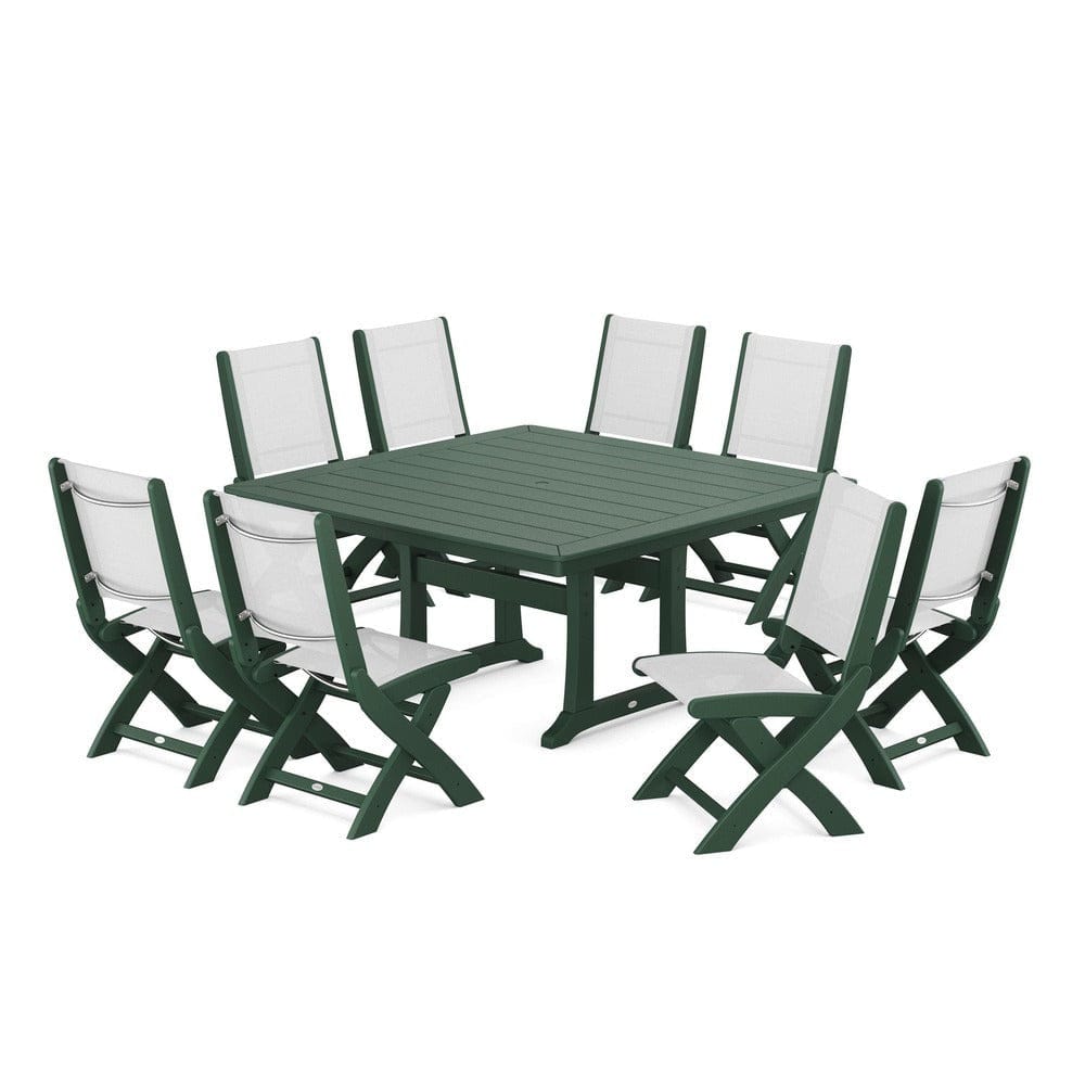 POLYWOOD® Outdoor Furniture Green / White Sling POLYWOOD® - Coastal Folding Side Chair 9-Piece Dining Set with Trestle Legs - PWS1113