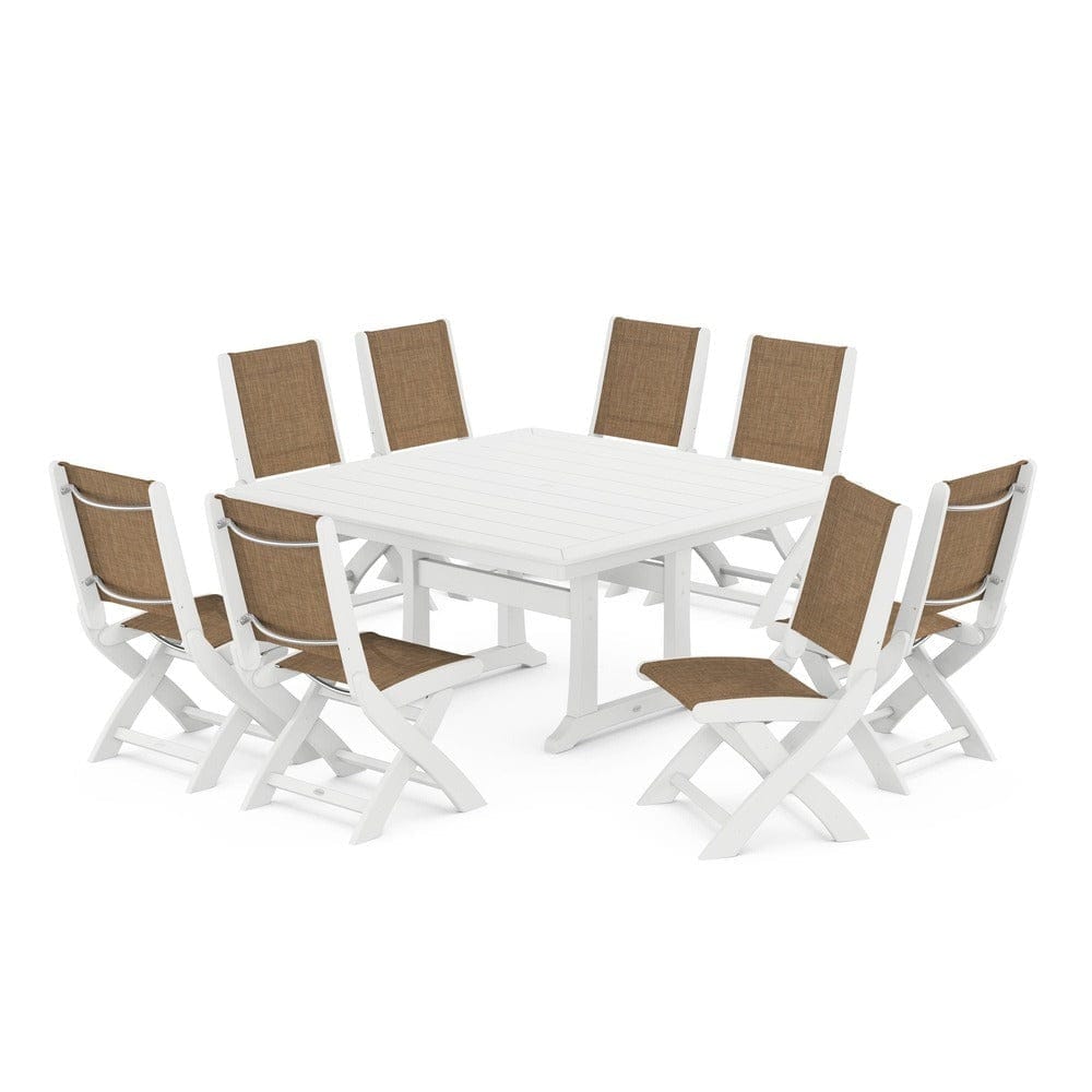 POLYWOOD® Outdoor Furniture White / Burlap Sling POLYWOOD® - Coastal Folding Side Chair 9-Piece Dining Set with Trestle Legs - PWS1113