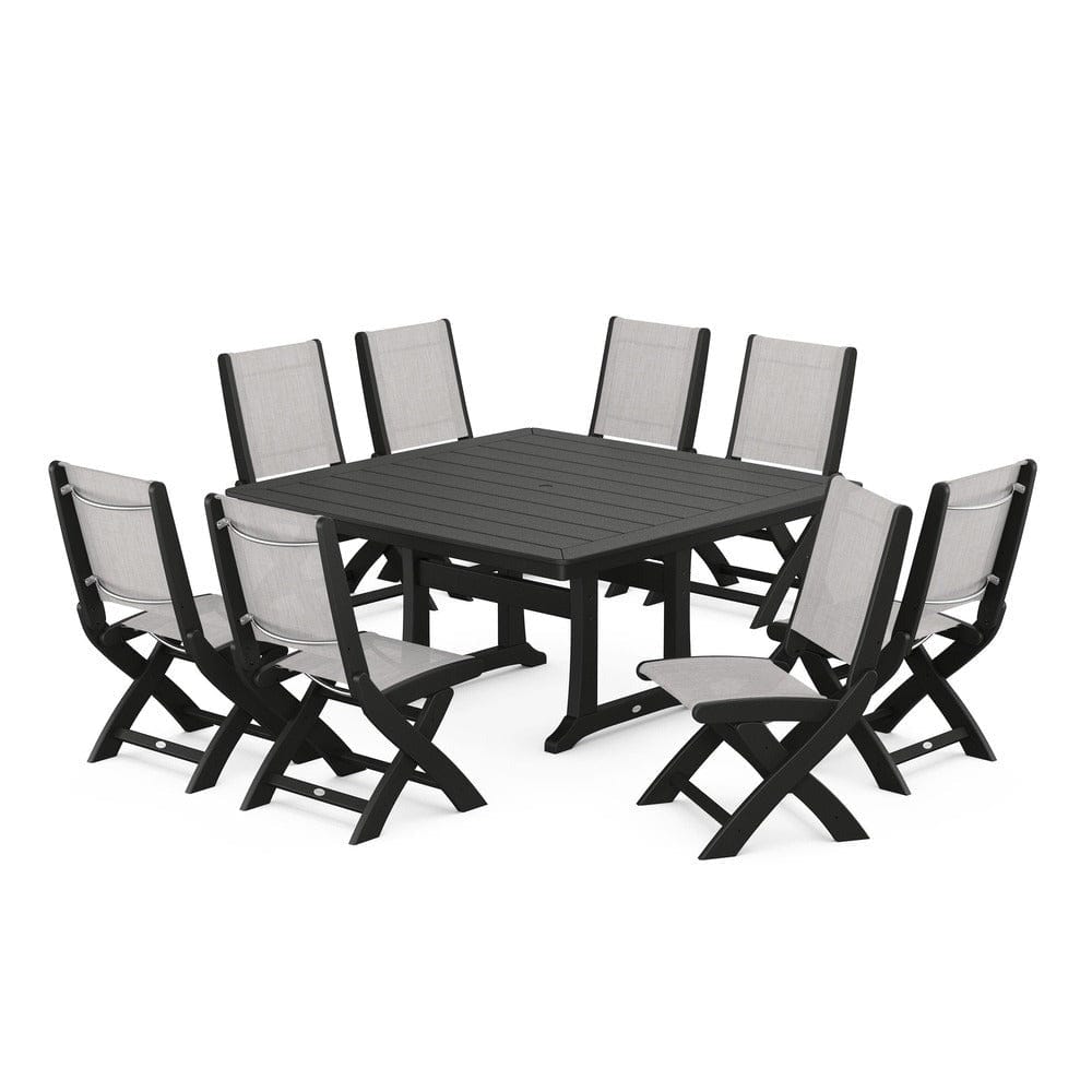 POLYWOOD® Outdoor Furniture Black / Parchment Sling POLYWOOD® - Coastal Folding Side Chair 9-Piece Dining Set with Trestle Legs - PWS1113