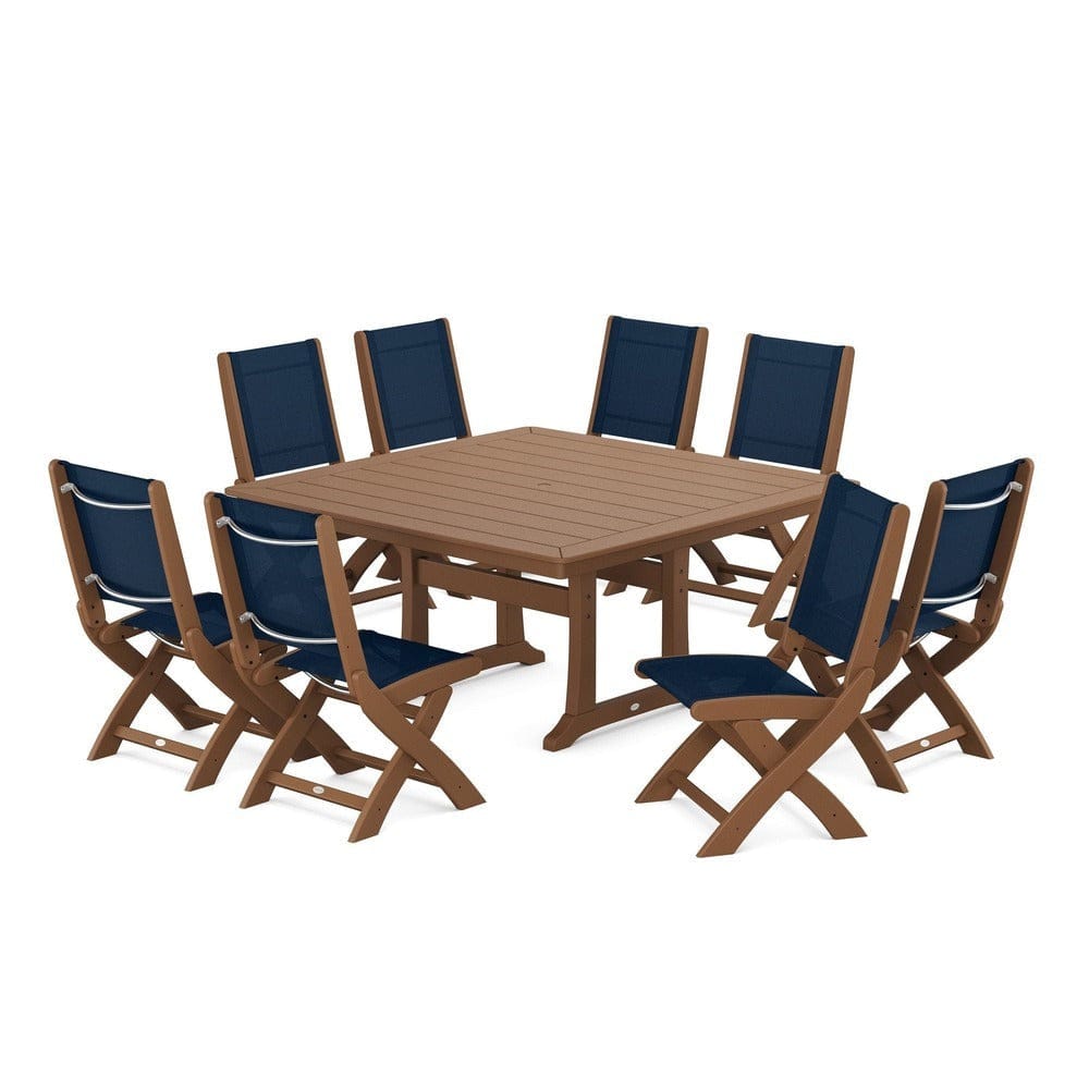 POLYWOOD® Outdoor Furniture Teak / Navy Blue Sling POLYWOOD® - Coastal Folding Side Chair 9-Piece Dining Set with Trestle Legs - PWS1113