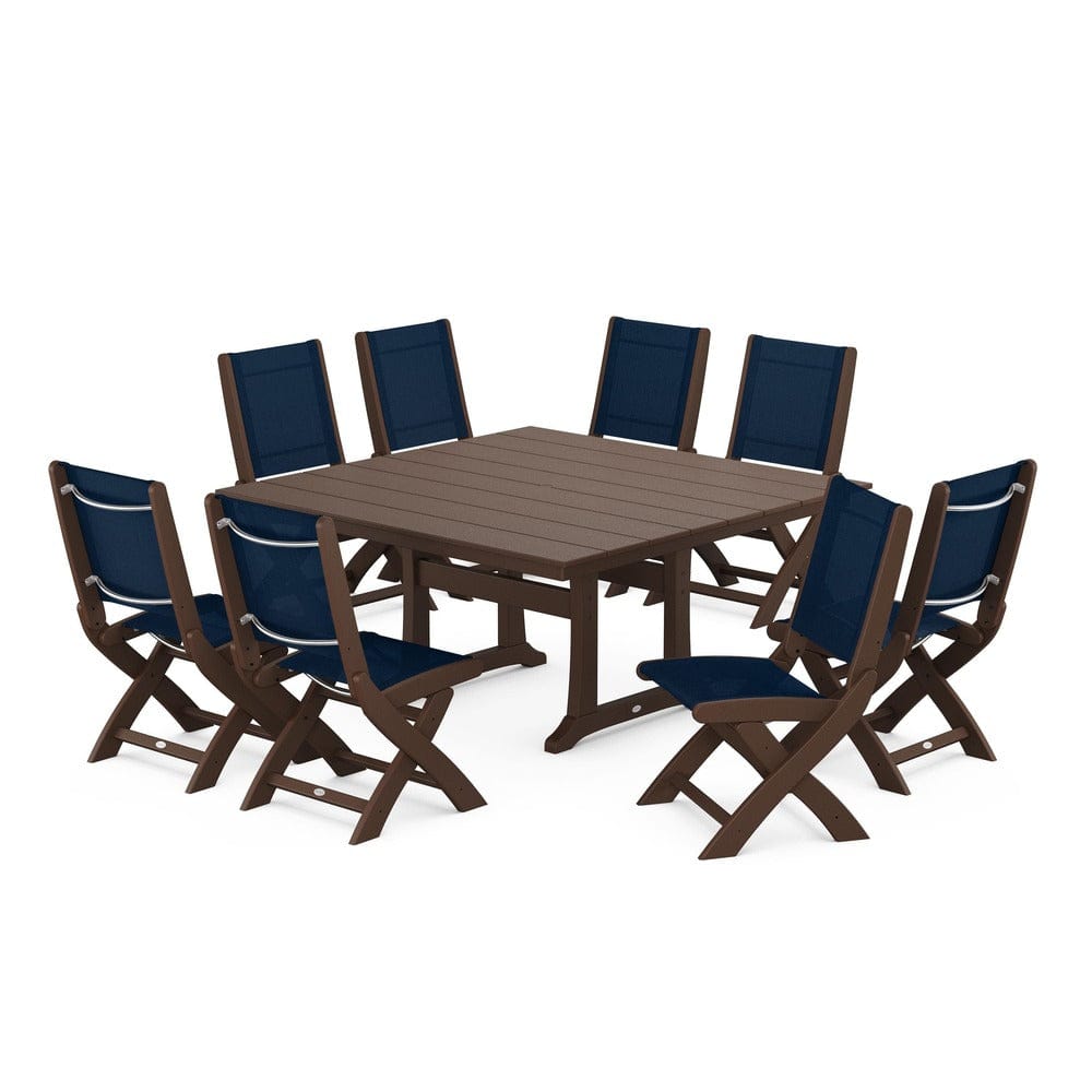 POLYWOOD® Outdoor Furniture Mahogany / Navy Blue Sling POLYWOOD® - Coastal Folding Side Chair 9-Piece Farmhouse Dining Set - PWS1287