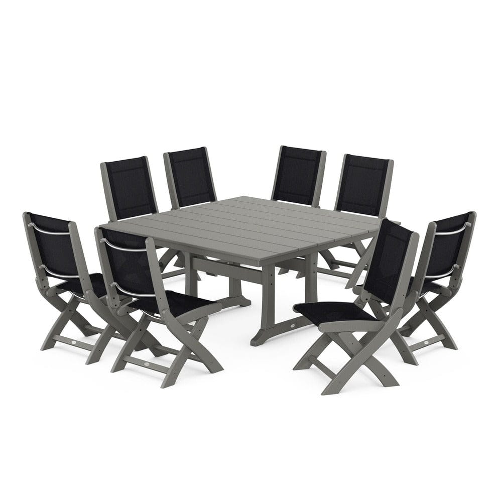 POLYWOOD® Outdoor Furniture Slate Grey / Black Sling POLYWOOD® - Coastal Folding Side Chair 9-Piece Farmhouse Dining Set - PWS1287
