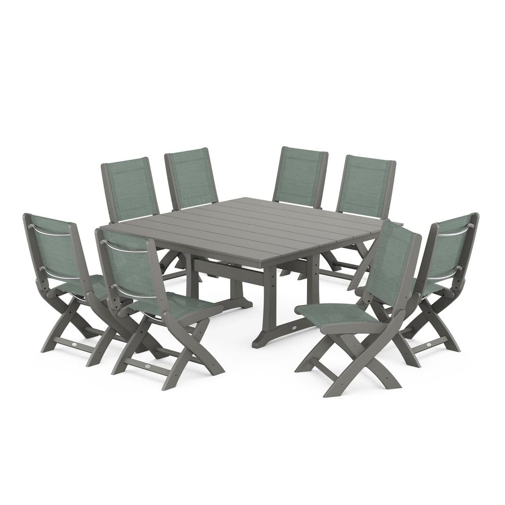 POLYWOOD® Outdoor Furniture Slate Grey / Dupioni Sea Mist Sling POLYWOOD® - Coastal Folding Side Chair 9-Piece Farmhouse Dining Set - PWS1287