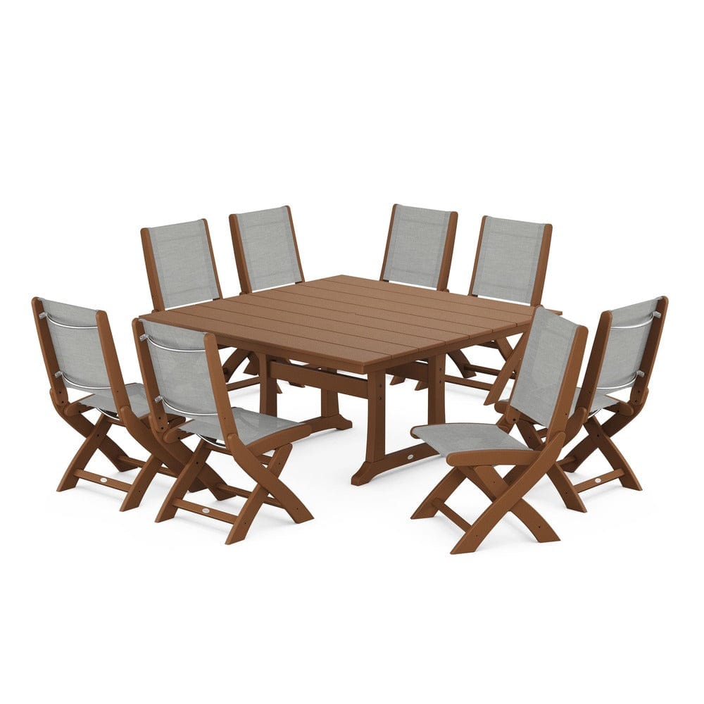 POLYWOOD® Outdoor Furniture Teak / Metallic Sling POLYWOOD® - Coastal Folding Side Chair 9-Piece Farmhouse Dining Set - PWS1287