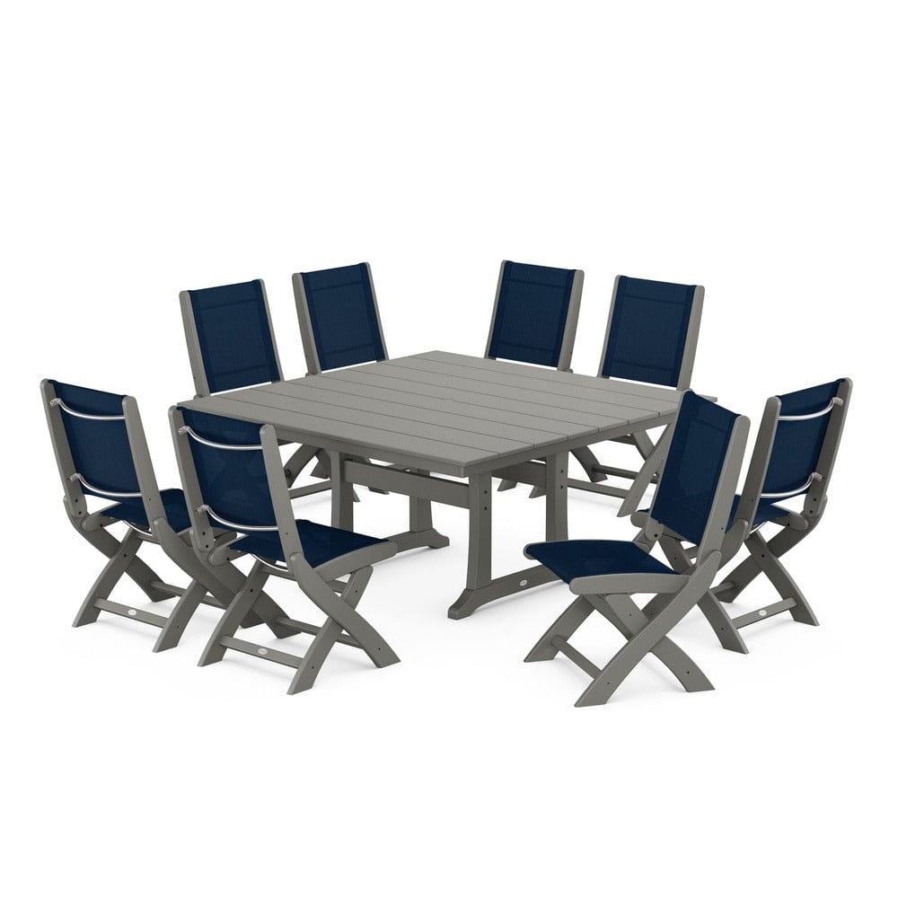 POLYWOOD® Outdoor Furniture Slate Grey / Navy Blue Sling POLYWOOD® - Coastal Folding Side Chair 9-Piece Farmhouse Dining Set - PWS1287