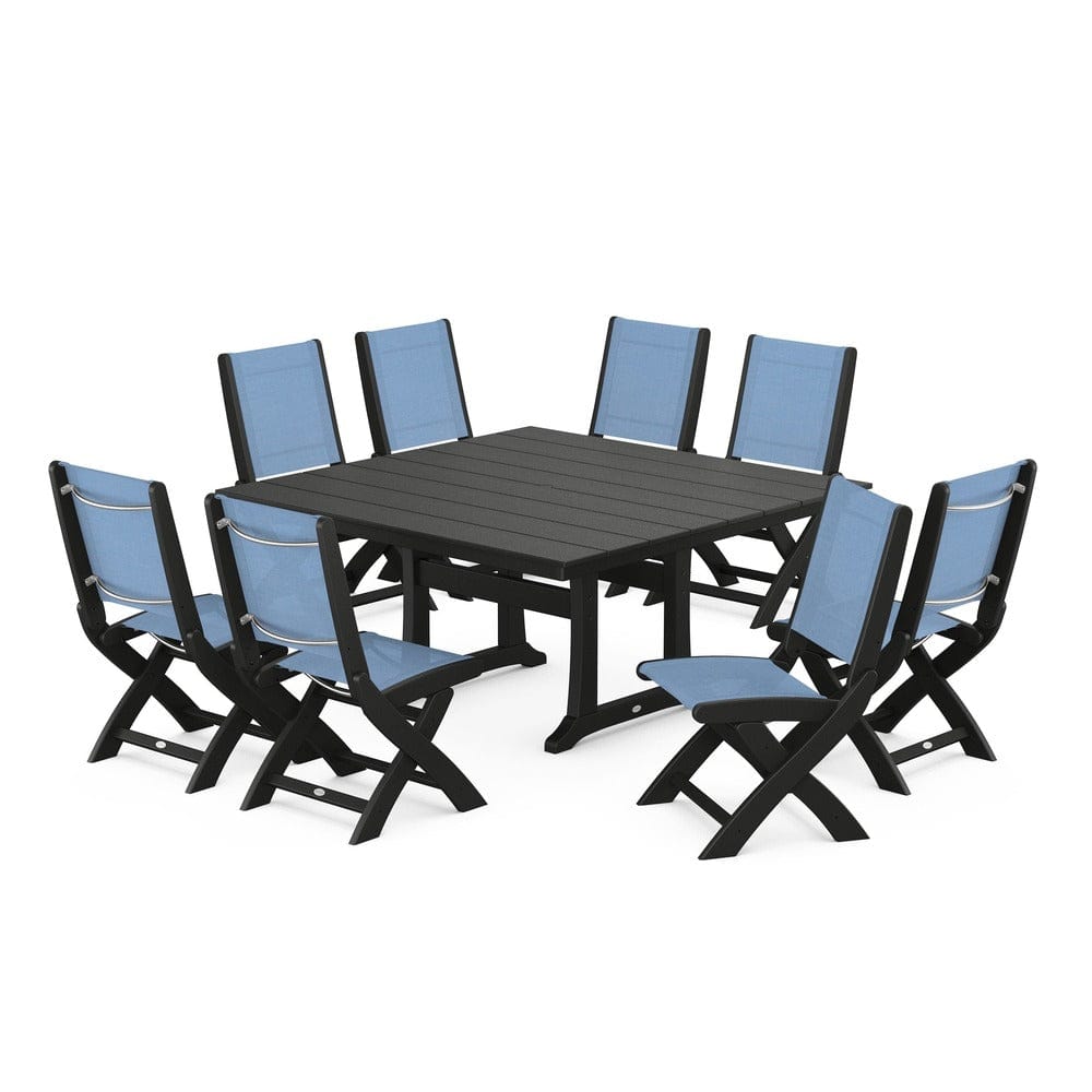 POLYWOOD® Outdoor Furniture Black / Poolside Sling POLYWOOD® - Coastal Folding Side Chair 9-Piece Farmhouse Dining Set - PWS1287