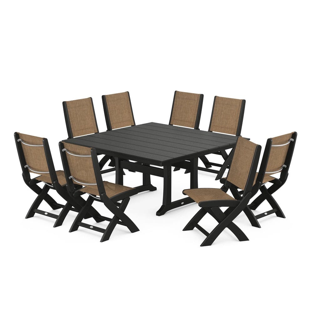 POLYWOOD® Outdoor Furniture Black / Burlap Sling POLYWOOD® - Coastal Folding Side Chair 9-Piece Farmhouse Dining Set - PWS1287