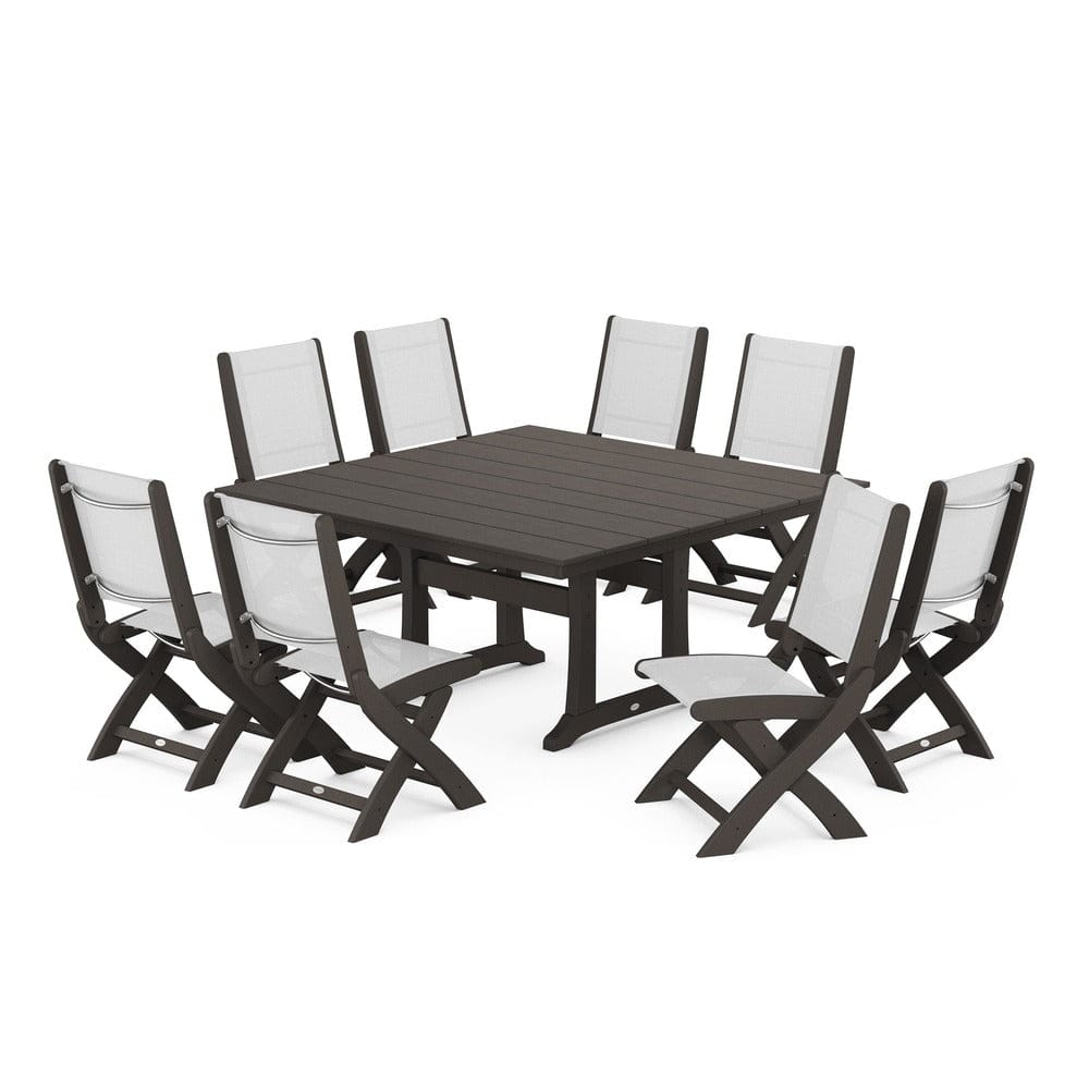 POLYWOOD® Outdoor Furniture Vintage Coffee / White Sling POLYWOOD® - Coastal Folding Side Chair 9-Piece Farmhouse Dining Set - PWS1287