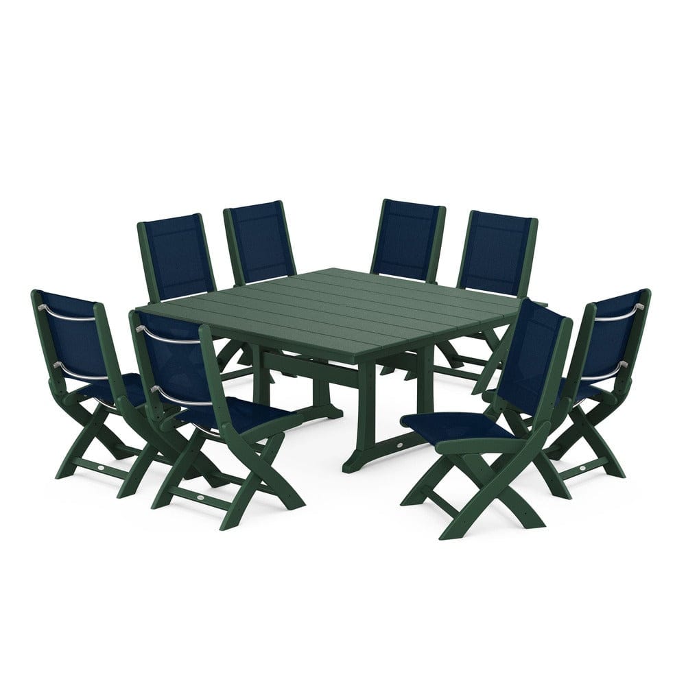 POLYWOOD® Outdoor Furniture Green / Navy Blue Sling POLYWOOD® - Coastal Folding Side Chair 9-Piece Farmhouse Dining Set - PWS1287
