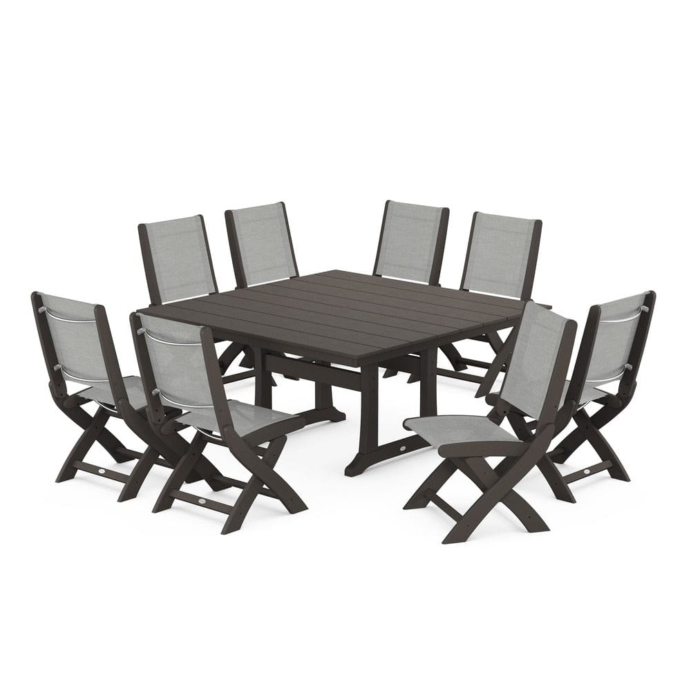 POLYWOOD® Outdoor Furniture Vintage Coffee / Metallic Sling POLYWOOD® - Coastal Folding Side Chair 9-Piece Farmhouse Dining Set - PWS1287