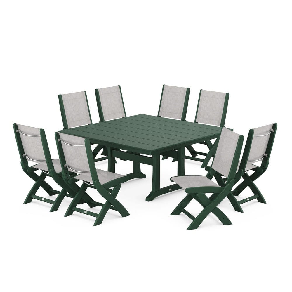 POLYWOOD® Outdoor Furniture Green / Parchment Sling POLYWOOD® - Coastal Folding Side Chair 9-Piece Farmhouse Dining Set - PWS1287