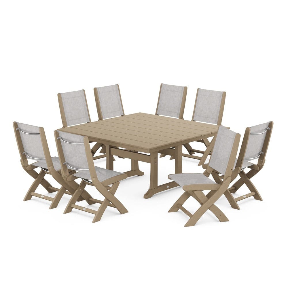 POLYWOOD® Outdoor Furniture Vintage Sahara / Parchment Sling POLYWOOD® - Coastal Folding Side Chair 9-Piece Farmhouse Dining Set - PWS1287