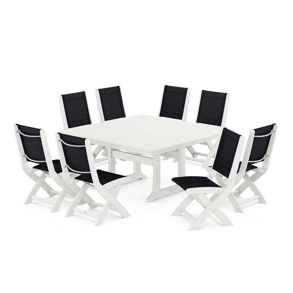 POLYWOOD® Outdoor Furniture White / Black Sling POLYWOOD® - Coastal Folding Side Chair 9-Piece Farmhouse Dining Set - PWS1287
