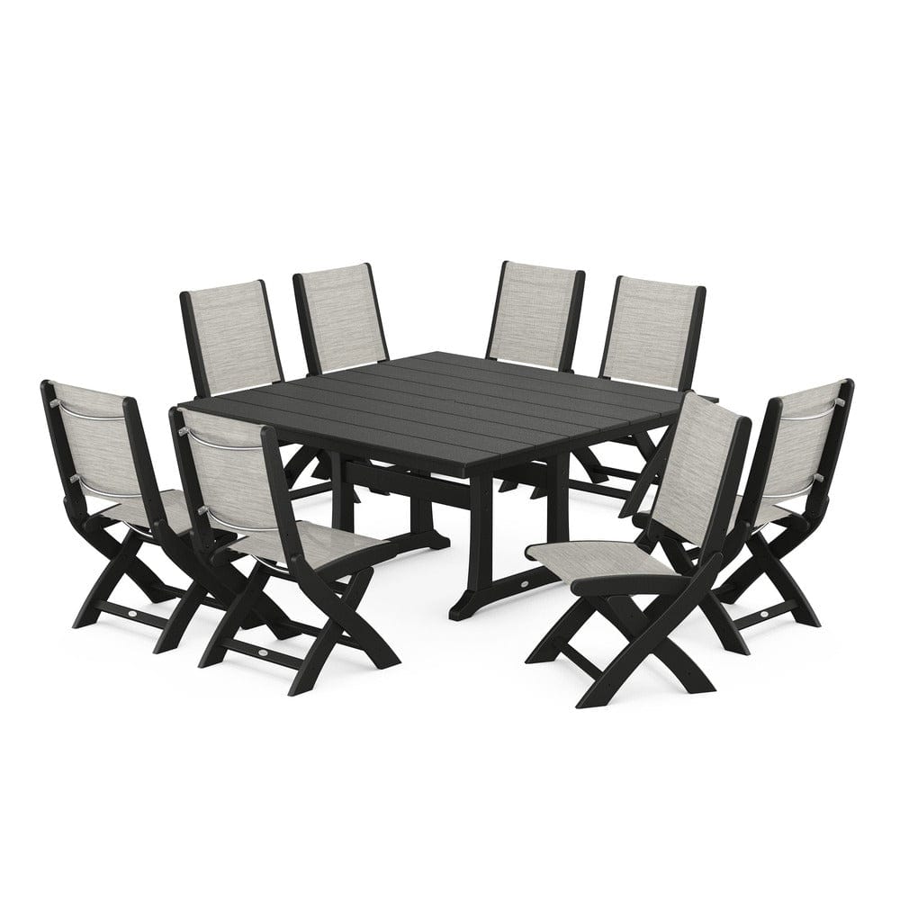 POLYWOOD® Outdoor Furniture Black / Birch Sling POLYWOOD® - Coastal Folding Side Chair 9-Piece Farmhouse Dining Set - PWS1287
