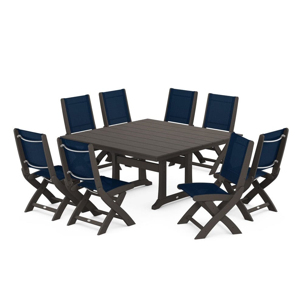 POLYWOOD® Outdoor Furniture Vintage Coffee / Navy Blue Sling POLYWOOD® - Coastal Folding Side Chair 9-Piece Farmhouse Dining Set - PWS1287
