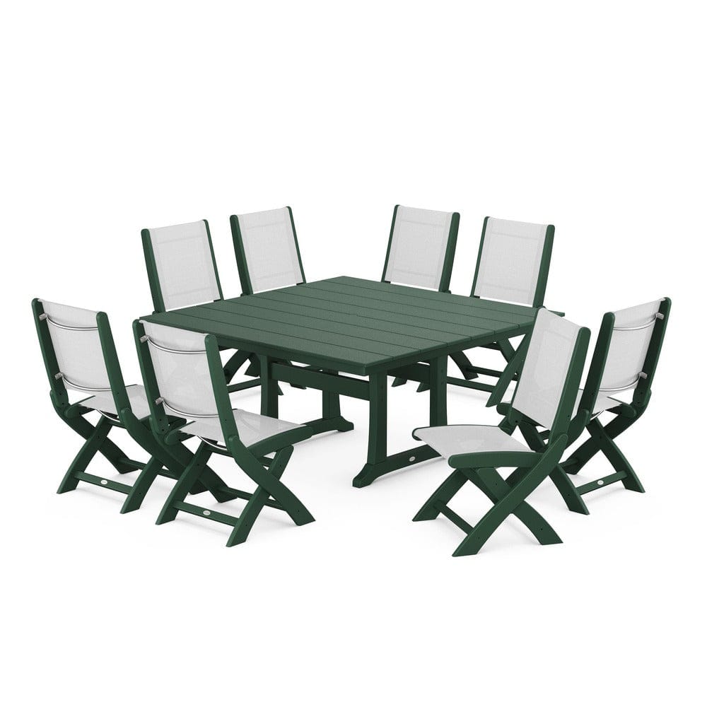 POLYWOOD® Outdoor Furniture Green / White Sling POLYWOOD® - Coastal Folding Side Chair 9-Piece Farmhouse Dining Set - PWS1287