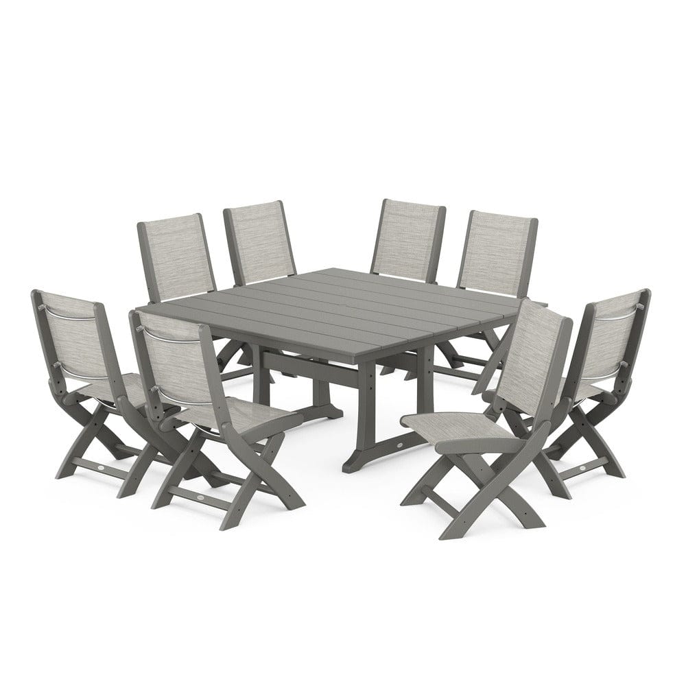POLYWOOD® Outdoor Furniture Slate Grey / Birch Sling POLYWOOD® - Coastal Folding Side Chair 9-Piece Farmhouse Dining Set - PWS1287