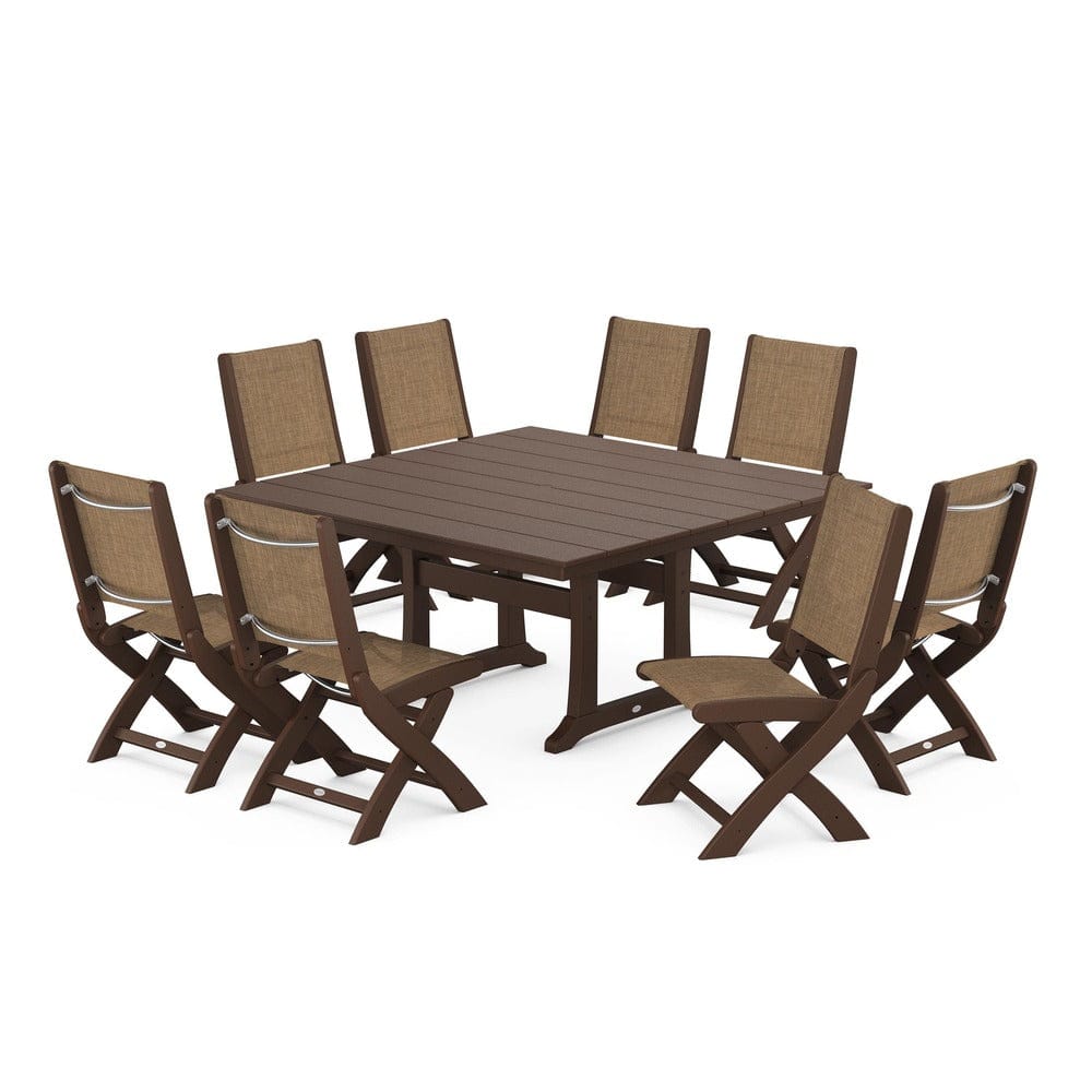 POLYWOOD® Outdoor Furniture Mahogany / Burlap Sling POLYWOOD® - Coastal Folding Side Chair 9-Piece Farmhouse Dining Set - PWS1287