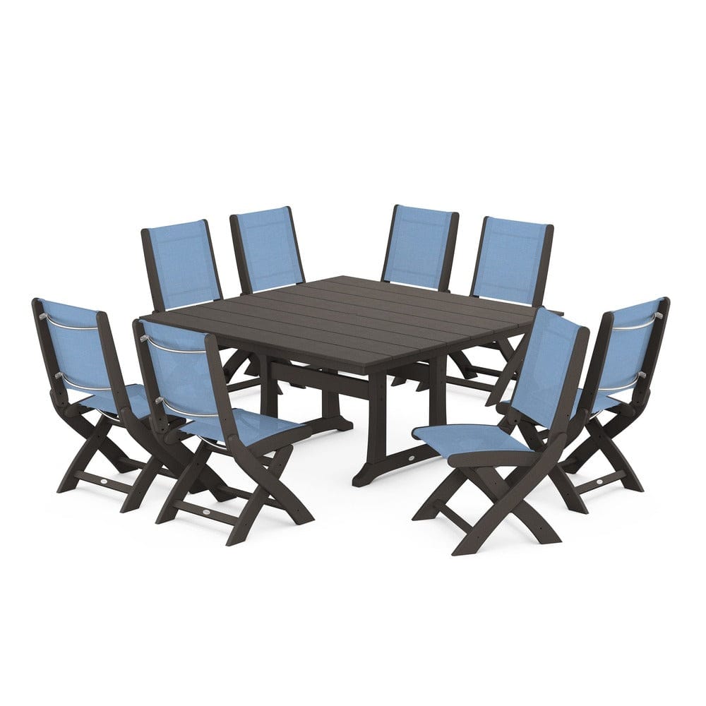 POLYWOOD® Outdoor Furniture Vintage Coffee / Poolside Sling POLYWOOD® - Coastal Folding Side Chair 9-Piece Farmhouse Dining Set - PWS1287