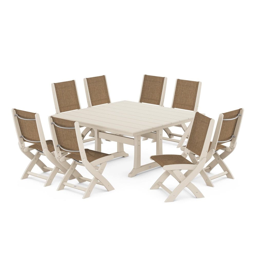 POLYWOOD® Outdoor Furniture Sand / Burlap Sling POLYWOOD® - Coastal Folding Side Chair 9-Piece Farmhouse Dining Set - PWS1287