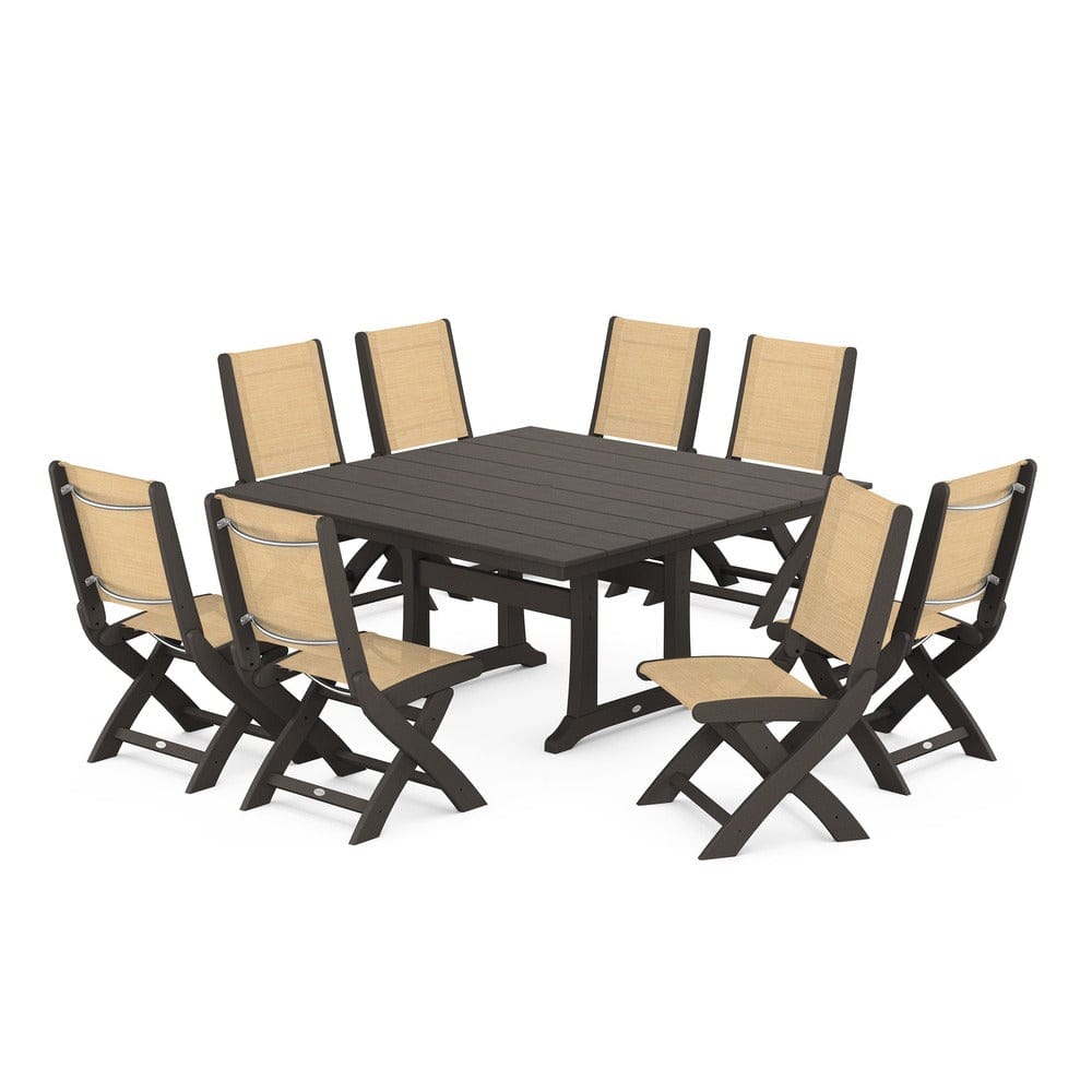 POLYWOOD® Outdoor Furniture Vintage Coffee / Dupioni Apricot Sling POLYWOOD® - Coastal Folding Side Chair 9-Piece Farmhouse Dining Set - PWS1287