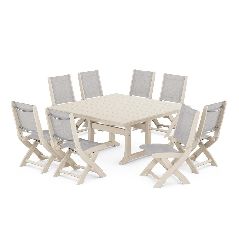 POLYWOOD® Outdoor Furniture Sand / Parchment Sling POLYWOOD® - Coastal Folding Side Chair 9-Piece Farmhouse Dining Set - PWS1287