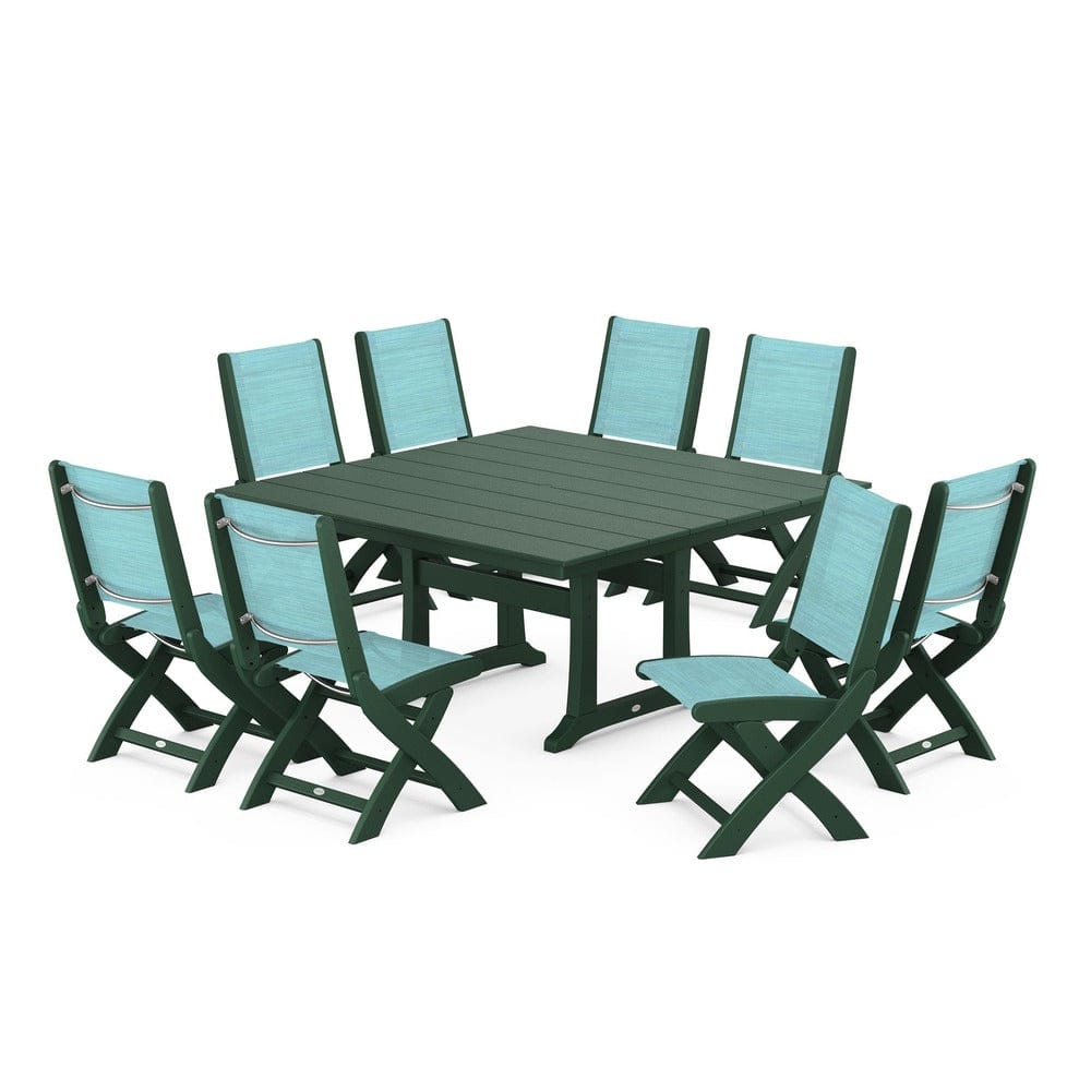 POLYWOOD® Outdoor Furniture Green / Dupioni Aquamarine Sling POLYWOOD® - Coastal Folding Side Chair 9-Piece Farmhouse Dining Set - PWS1287
