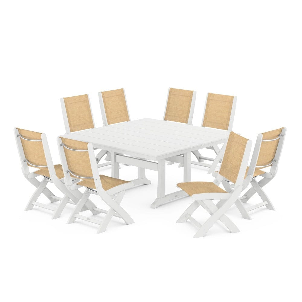 POLYWOOD® Outdoor Furniture White / Dupioni Apricot Sling POLYWOOD® - Coastal Folding Side Chair 9-Piece Farmhouse Dining Set - PWS1287