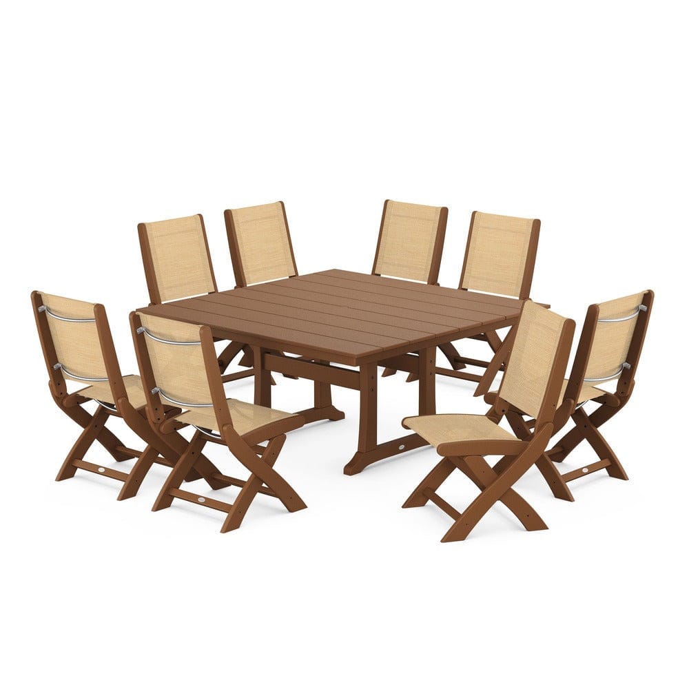 POLYWOOD® Outdoor Furniture Teak / Dupioni Apricot Sling POLYWOOD® - Coastal Folding Side Chair 9-Piece Farmhouse Dining Set - PWS1287
