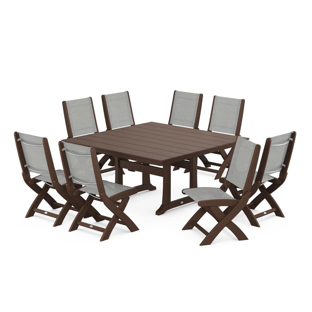 POLYWOOD® Outdoor Furniture Mahogany / Metallic Sling POLYWOOD® - Coastal Folding Side Chair 9-Piece Farmhouse Dining Set - PWS1287